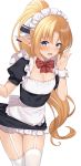  1girl apron bangs black_dress blonde_hair blue_eyes blush bow bowtie breasts commentary_request cowboy_shot detached_collar dress dress_pull elf enjou_kouhai_oshiego_wa_elf_ryuu_ningyo_jinrou eyebrows_visible_through_hair frilled_apron frilled_dress frills garter_straps hand_up highres iris_(takunomi) leaning_forward long_hair looking_at_viewer maid maid_headdress open_mouth pointy_ears ponytail puffy_short_sleeves puffy_sleeves red_bow red_neckwear short_sleeves simple_background skindentation small_breasts smile solo takunomi thighhighs very_long_hair waist_apron white_apron white_background white_legwear wrist_cuffs zettai_ryouiki 