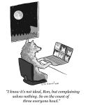  ambiguous_gender canid canine canis computer covid-19_pandemic dialogue english_text feral forest full_moon group hi_res inside laptop mammal monochrome moon night solo_focus text tree will_santino wolf 