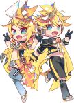  1boy 1girl aqua_eyes bass_clef belt black_gloves black_legwear black_shorts blonde_hair bow cape chibi crop_top crown flower gloves grey_legwear grey_shorts hair_bow half_gloves hip_gear kagamine_len kagamine_rin leg_up looking_at_viewer midriff navel negi_(ulog&#039;be) official_art open_mouth over-kneehighs pendant_choker short_ponytail short_shorts shorts smile spiked_hair standing standing_on_one_leg thighhighs transparent_background treble_clef two-tone_bow v vocaloid white_bow yellow_bow yellow_cape yellow_flower 