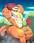  2020 abs anthro biped digital_media_(artwork) dragon erection future_card_buddyfight genitals hair hands_behind_head humanoid_genitalia humanoid_penis looking_at_viewer male muscular muscular_anthro muscular_male navel nipples nude penis red_hair sharp_teeth sitting solo sun_dragon_bal sxfpantera tail_tuft teeth thick_thighs tuft 