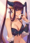  1girl backlighting bangs bare_shoulders blue_eyes blunt_bangs blush bra breasts cleavage detached_sleeves eating fate/grand_order fate_(series) gradient gradient_background hair_ornament highres large_breasts leaf_hair_ornament long_hair looking_at_viewer lychee mashuu_(neko_no_oyashiro) navel open_mouth purple_bra purple_hair sidelocks twintails underwear very_long_hair yang_guifei_(fate/grand_order) 