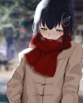  1girl 73suke absurdres alternate_costume black_hair blurry brown_coat brown_eyes coat commentary_request depth_of_field haguro_(kantai_collection) hair_ornament highres kantai_collection red_scarf scarf short_hair solo upper_body winter_clothes 