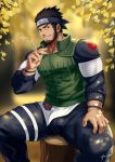  1boy ass_visible_through_thighs bara beard black_hair bulge cigarette facial_hair forehead_protector head_tilt highres konohagakure_symbol leaf looking_at_viewer male_focus muscle naruto_(series) naruto_shippuuden pectorals sarutobi_asuma short_hair sitting smile solo spread_legs taut_clothes thick_thighs thighs yzpyn 