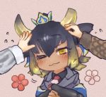  3girls animal_ears bangs black_hair black_horns blonde_hair broken_horn chibi collared_shirt commentary_request crown dark_skin dark_skinned_female eurasian_eagle_owl_(kemono_friends) eyebrows_visible_through_hair fingerless_gloves flower flying_sweatdrops gloves goshingyu-sama_(kemono_friends) hair_between_eyes hand_on_another&#039;s_head horizontal_pupils horns jacket kemono_friends long_sleeves multicolored_hair multicolored_horns multiple_girls necktie northern_white-faced_owl_(kemono_friends) one_eye_closed out_of_frame petting shirt solo_focus toki_reatle upper_body wing_collar yellow_eyes yellow_horns 