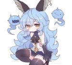  1girl :3 animal_ears artist_name bangs bare_shoulders black_footwear black_gloves black_legwear blue_hair blue_skirt blush breasts clarevoir closed_mouth collarbone commentary commission english_commentary ferry_(granblue_fantasy) frilled_gloves frilled_skirt frills fugee_(granblue_fantasy) gloves granblue_fantasy half-closed_eyes highres horns jewelry kneeling long_hair looking_at_viewer medium_breasts miniskirt mixed-language_commentary nicola_(granblue_fantasy) one_knee open_mouth pleated_skirt sharp_teeth shiny shiny_clothes shiny_hair shiny_skin shirt sideboob simple_background single_earring single_horn skindentation skirt sleeveless sleeveless_shirt solo teeth thighhighs twitter_username very_long_hair watermark white_background yellow_eyes 