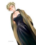  1girl absurdres black_dress blonde_hair breasts brown_coat brown_eyes cleavage coat dress dutch_angle frown hands_in_pockets highres looking_at_viewer original short_hair signature simple_background standing white_background zerra01 