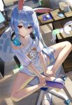  1girl :/ alternate_hairstyle animal_ears blue_hair blurry blurry_background bright_pupils bunny_ears cellphone chair crossed_ankles cup depth_of_field desk don-chan_(usada_pekora) dutch_angle from_above hair_between_eyes head_tilt headphones headphones_around_neck highres hololive indoors jitome keyboard_(computer) long_hair looking_at_viewer microphone minecraft mouse_(computer) mousepad_(object) mug no_pants off-shoulder_shirt off_shoulder phone red_eyes romaji_text shirt sidelocks slippers smartphone solo sukocchi thick_eyebrows usada_pekora very_long_hair virtual_youtuber white_pupils white_shirt wooden_floor 