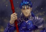  1boy blue_hair clenched_hand cu_chulainn_(fate)_(all) earrings expressionless fate/stay_night fate_(series) gae_bolg holding holding_spear holding_weapon jewelry lancer male_focus polearm red_eyes simoich solo sparks spear veins weapon 