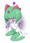 1girl bangs blunt_bangs blush bubble commentary english_commentary facing_viewer full-face_blush gen_3_pokemon hand_up highres kirlia navel poison poisoned pokemon pokemon_(creature) sitting slugbox solo wariza 