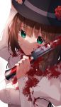  1girl absurdres arm_up bangs black_headwear blood blood_on_face bloody_knife blush breasts brown_hair center_frills charlotte_corday_(fate/grand_order) closed_mouth commentary_request eyebrows_visible_through_hair fate/grand_order fate_(series) flower frilled_sleeves frills green_eyes hair_between_eyes hand_on_headwear hand_up hat hat_flower highres holding holding_knife juliet_sleeves knife long_sleeves looking_at_viewer medium_breasts puffy_sleeves red_flower red_rose rose shirt simple_background sleeves_past_wrists smile solo suisen-21 upper_body white_background white_shirt 