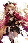  1girl asymmetrical_sleeves bangs blonde_hair blurry bow cape chromatic_aberration depth_of_field earrings ereshkigal_(fate/grand_order) eyebrows_visible_through_hair fate/grand_order fate_(series) film_grain gold_trim hair_bow hair_ribbon hand_on_hip hand_on_own_thigh highres jewelry long_hair long_sleeves looking_at_viewer parted_bangs red_eyes ribbon smile solo tiara two_side_up very_long_hair yohaku 