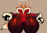  absurd_res anthro big_breasts breasts camel_toe digimon digimon_(species) female hi_res low-angle_view nipples renamon simple_background solo thick_thighs wide_hips wolflance 