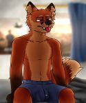  2020 absurd_res anthro balls_outline bed blurred_background boxers_(clothing) bulge canid canine clothed clothing fox fur furniture genital_outline hi_res male mammal penis_outline purple_eyes saucycorner shaded simple_background sitting_on_bed solo tongue tongue_out topless underwear 