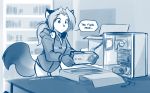  2020 anthro blue_and_white box canid canine clothed clothing computer conditional_dnp dialogue english_text female fox graphics_card hair headphones hi_res holding_object hoodie inside keidran laura_(twokinds) linus_tech_tips mammal monochrome ponytail sketch solo text tom_fischbach topwear twokinds webcomic 