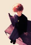  1boy brown_background cross cross_necklace emiya_shirou fate/stay_night fate_(series) full_body jewelry kani_seijin kotomine_shirou_(fanfic) looking_at_viewer male_focus necklace red_hair simple_background sitting sitting_on_bench solo what_if yellow_eyes 