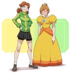  2girls absurdres bike_shorts blue_eyes blush brown_hair closed_eyes commentary cosplay costume_switch crown dress earrings english_commentary flower_earrings francisco_mon gloves green_jacket grin highres jacket jewelry light_brown_hair long_hair mario_(series) multiple_girls persona persona_4 pleated_skirt princess_daisy princess_daisy_(cosplay) satonaka_chie satonaka_chie_(cosplay) shoes short_hair skirt smile socks sweatdrop white_gloves yellow_dress 