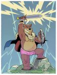 2020 anthro belly black_nose brown_body brown_fur bulge cape clothing fur guaxraccoon humanoid_hands magic male mammal melee_weapon overweight overweight_anthro overweight_male shield solo sword underwear ursid weapon 