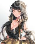  1girl alcohol armlet black_hair breasts butterfly_hair_ornament champagne champagne_flute choker cleavage cup diamond_(gemstone) dress drinking_glass girls_frontline hair_ornament heterochromia long_hair orange_eyes ro635_(girls_frontline) silence_girl simple_background solo twintails white_background yellow_eyes 