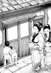  3girls ambiguous_gender baby blush child covering_ears doll drooling from_behind gesogeso greyscale highres holding japanese_clothes kimono long_hair looking_down monochrome multiple_girls original peeping saliva sliding_doors smile sweat 