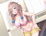  1girl :o antenna_hair blue_scrunchie blurry blurry_background blush boku_no_sensei_wa_houkago_kawaii_konyakusha bra braid breasts character_request cleavage collarbone covered_nipples cowboy_shot dutch_angle eyebrows_visible_through_hair faucet hair_ornament hair_scrunchie indoors lace-trimmed_bra lace-trimmed_panties lace_trim large_breasts leaning_forward light_brown_hair long_hair looking_at_viewer mappaninatta messy_hair navel nose_blush novel_illustration official_art open_mouth panties pink_bra pink_panties round_teeth scrunchie shiny shiny_hair shiny_skin shorts shorts_pull solo stomach surprised teeth textless toothbrush towel twin_braids underwear undressing upper_teeth white_towel wide_hips yellow_shorts 