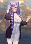  1girl alternate_costume alternate_hairstyle arm_up bangle blush bracelet braid breasts building choker cleavage coat collarbone covered_navel cowboy_shot dress esencey genshin_impact glasses hair_ornament hairclip hand_in_hair highres jewelry keqing large_breasts long_sleeves looking_at_viewer necklace night open_clothes open_coat outdoors purple_eyes purple_hair round_eyewear skin_tight solo standing symbol-shaped_pupils twin_braids 
