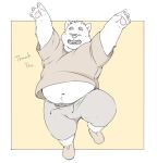  2020 anthro belly bottomwear canid canine canis clothing domestic_dog eyes_closed inunoshippo kemono male mammal navel overweight overweight_anthro overweight_male pants shirt solo topwear 