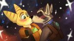  2020 absurd_res anthro blush bodily_fluids cosmic_background cute_expression duo eyes_closed guardians_of_the_galaxy hi_res holding_arm kissing lombax male male/male mammal marvel procyonid raccoon ratchet ratchet_and_clank rocket_raccoon rosphix sony_corporation sony_interactive_entertainment space space_background sparkles star surprise surprised_expression sweat video_games wide_eyed 