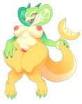  anthro breasts claws cobra elemental_creature elemental_humanoid fangs female flora_fauna food fruit genitals green_body holding_tail humanoid lemon lime navel nipples nude plant plant_humanoid pussy reptile scalie seel_kaiser simple_background snake solo thick_thighs yellow_body 