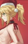  1girl arched_back bangs bare_arms bare_shoulders blonde_hair braid breasts eyebrows_visible_through_hair fate/apocrypha fate_(series) from_side green_eyes hat highres long_hair looking_at_viewer looking_to_the_side meme_attire mordred_(fate) mordred_(fate)_(all) ponytail profile red_background red_sweater santa_hat sideboob small_breasts smile solo sweater teeth tonee virgin_killer_sweater 