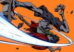  1boy attack bared_teeth barefoot_sandals black_hair buru-dai capoeira commentary_request geta highres katana kicking male_focus motion_blur mugen orange_background samurai_champloo short_hair shorts solo sword upside-down weapon 