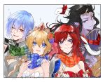  2boys 2girls :d armor arms_up bare_arms bare_shoulders blonde_hair blue_background blue_butterfly blue_eyes blue_flower blue_hair blue_rose blue_scarf border breasts bug butterfly cleavage colored_skin europa_(granblue_fantasy) eyebrows_visible_through_hair eyelashes flower gauntlets godguard_brodia granblue_fantasy green_scarf grimnir hair_flower hair_ornament hair_ribbon hand_on_own_chin highres insect long_hair looking_at_viewer lower_teeth medium_breasts multiple_boys multiple_girls one_eye_closed open_mouth orange_scarf pectorals pink_ribbon plaid plaid_scarf purple_eyes purple_flower purple_rose purple_skin red_eyes red_flower red_hair red_rose red_scarf ribbon rose scarf shiva_(final_fantasy) short_hair simple_background smile snake sparkle tiara white_snake yakota_(usuk-yako) 