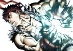  1boy black_hair buru-dai commentary_request dougi fingernails gloves hadouken headband high_contrast highres male_focus motion_blur muscle padded_gloves pectorals powering_up red_gloves red_headband ryu_(street_fighter) short_hair sleeveless solo spiked_hair street_fighter white_background 