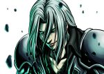  1boy black_shirt buru-dai collared_shirt commentary_request final_fantasy final_fantasy_vii floating_rock glowing glowing_eyes grey_hair high_contrast highres long_hair looking_at_viewer male_focus nose sephiroth shirt shoulder_pads slit_pupils solo white_background 