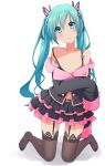  1girl aira_(exp) aqua_eyes aqua_hair belt black_bra black_legwear black_shirt black_skirt bra butterfly_hair_ornament collarbone commentary frilled_skirt frills garter_straps hair_ornament hatsune_miku head_tilt highres honey_whip_(module) kneeling lace-trimmed_legwear lace_trim layered_skirt light_blush long_hair looking_at_viewer miniskirt off-shoulder_shirt off_shoulder pout project_diva_(series) shirt skirt sleeves_past_fingers sleeves_past_wrists solo thighhighs twintails underwear vocaloid white_background 