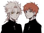  2boys amakusa_shirou_(fate) cross cross_necklace earrings emiya_shirou face fate/apocrypha fate/stay_night fate_(series) jewelry kani_seijin kotomine_shirou_(fanfic) looking_at_viewer male_focus multiple_boys necklace orange_hair side-by-side simple_background sketch smile white_background white_hair yellow_eyes 