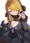  1girl black_coat black_pants blonde_hair breasts brown_eyes cleavage closed_mouth coat commentary_request cynthia_(pokemon) eyebrows_visible_through_hair eyelashes fur-trimmed_coat fur_collar fur_trim glint hair_ornament hair_over_one_eye head_tilt herunia_kokuoji highres holding holding_poke_ball long_hair long_sleeves nail_polish pants poke_ball pokemon pokemon_(game) pokemon_dppt smile solo ultra_ball watermark yellow_nails 
