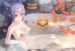  1girl autumn_leaves blush breasts buckle covering covering_nipples covering_one_breast dong_ja9502 double_bun genshin_impact hair_bun keqing large_breasts leaf lying nude onsen partially_submerged purple_eyes smile solo twintails water wet 