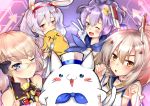  &gt;_&lt; 4girls animal_ears ayanami_(azur_lane) azur_lane bare_shoulders black_bow black_choker blue_bow blue_eyes blue_hoodie blue_sailor_collar bow bunny_ears cat_ears choker crop_top crown eyebrows_visible_through_hair fake_animal_ears fire_maxs glasses gloves green_eyes hair_between_eyes hairband headgear high_ponytail highres hood hoodie javelin_(azur_lane) laffey_(azur_lane) light_brown_hair light_purple_hair looking_at_viewer manjuu_(azur_lane) medium_hair meowfficer_(azur_lane) mini_crown multiple_girls one_eye_closed open_mouth pink_eyes pink_hairband purple_hair sailor_collar twintails v white_gloves yellow_eyes yellow_neckwear z23_(azur_lane) 