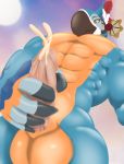  abs absurd_res anthro avian balls big_balls bird bodily_fluids breath_of_the_wild cum ejaculation genital_fluids genitals hand_on_penis hi_res kass_(tloz) low-angle_view male masturbation muscular muscular_anthro muscular_male nintendo penis reptilligator rito smile solo the_legend_of_zelda video_games 