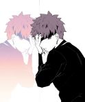  1boy cross emiya_shirou fate/stay_night fate_(series) hand_on_own_face hunched_over koishi_(rondtan) kotomine_shirou_(fanfic) looking_at_viewer male_focus monochrome orange_eyes orange_hair reflection shaded_face short_hair simple_background solo spot_color upper_body white_background 