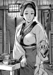  1girl bangs black_hair bowl breasts chopsticks clothes_grab clothes_pull gesogeso greyscale hair_ornament highres holding japanese_clothes kimono kneeling large_breasts long_hair long_sleeves looking_at_viewer mole mole_under_mouth monochrome open_mouth original smile solo tied_hair 