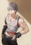  1boy armband belt_buckle borrowed_character buckle collarbone commentary english_commentary fingerless_gloves gloves highres jun_(seojh1029) looking_at_viewer male_focus midriff muscle navel original pants pectorals shirt short_hair silver_hair solo sweat tank_top wet wet_clothes wet_shirt yellow_eyes 