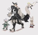  2boys 3girls absurdres animal_ears armor black_hair blonde_hair bondrewd cyborg gauntlets helm helmet highres made_in_abyss multiple_boys multiple_girls nanachi_(made_in_abyss) no_shirt paws prushka regu_(made_in_abyss) riko_(made_in_abyss) tail tirarizun white_hair 