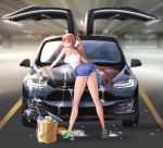  1girl ass bare_arms bare_shoulders blurry blurry_background blush breasts brown_hair bucket car car_wash commentary commission crop_top cutoffs doki_doki_literature_club english_commentary from_behind full_body green_eyes ground_vehicle gullwing_doors hair_ribbon highres kneepits leaning_forward legs legs_apart long_hair looking_at_viewer looking_back medium_breasts monika_(doki_doki_literature_club) motor_vehicle ponytail potetos7 ribbon short_shorts shorts sidelocks smile soap_bubbles solo sponge very_long_hair white_ribbon 