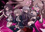  4girls apron bandaged_arm bandaged_leg bandages bandaid bandaid_on_knee bangs bear_hair_ornament black_footwear black_jacket black_shirt blonde_hair blood blood_splatter blush boots bow braid breasts brown_hair brown_skirt button_eyes cleavage collared_shirt commentary copyright_name criis-chan crossover danganronpa danganronpa_1 enoshima_junko eyebrows_visible_through_hair feet_out_of_frame floating_hair glasses gloves hair_ornament hairclip hand_on_own_leg hand_up hands_up holding holding_syringe hood hood_down hooded_jacket identity_v index_finger_raised jacket kirigiri_kyouko knee_boots long_hair long_sleeves looking_at_viewer medium_breasts miniskirt mole mole_under_eye multiple_girls nanami_chiaki neck_ribbon necktie nurse one_eye_closed open_clothes open_jacket open_mouth pink_blood puffy_short_sleeves puffy_sleeves purple_jacket purple_skirt red_nails red_skirt ribbon ribbon-trimmed_legwear ribbon_trim school_uniform shirt shirt_tucked_in short_hair short_sleeves side_braid single_braid skirt sleeves_rolled_up smile star_(symbol) stitches super_danganronpa_2 syringe thighhighs tsumiki_mikan twintails twitter_username two-tone_shirt upper_teeth white_apron white_shirt zettai_ryouiki 