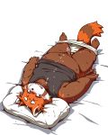  2020 4:5 after_masturbation ailurid anthro blush bodily_fluids brown_body brown_fur clothing cum cum_on_face cum_on_stomach erection fur futaba_kotobuki genital_fluids genitals kemono lying male mammal orange_body orange_fur overweight overweight_anthro overweight_male penis pillow red_panda shirt solo sweat takagi_kyou topwear trouble_(series) underwear 