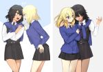  2girls andou_(girls_und_panzer) bangs bc_freedom_school_uniform black_hair blonde_hair blue_eyes blue_sweater dark_skin dark_skinned_female girls_und_panzer girls_und_panzer_saishuushou light_frown long_sleeves medium_hair messy_hair multiple_girls open_mouth oshida_(girls_und_panzer) school_uniform shirt skirt sweater sweater_around_neck tan3charge 