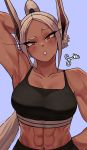  abs absurdres animal_ears arms_behind_back arms_behind_head bare_shoulders biceps boku_no_hero_academia breasts bunny_ears collarbone dark_skin dark_skinned_female gud0c highres long_hair mirko muscle muscular_female navel_piercing piercing red_eyes sports_bra sportswear toned white_hair 