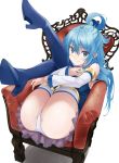  1girl absurdres anno_masato aqua_(konosuba) ass bangs bare_shoulders blue_eyes blue_footwear blue_hair blue_shirt boots breasts chair closed_mouth commentary detached_sleeves eyebrows_visible_through_hair hair_between_eyes hair_ornament hair_rings high_heel_boots high_heels highres kono_subarashii_sekai_ni_shukufuku_wo! legs_up long_hair looking_at_viewer on_chair panties shirt skirt sleeveless sleeveless_shirt smile solo thigh_boots thighhighs thighs underwear white_panties 