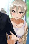  1boy 1girl arm_hug black_eyes collarbone commentary_request gomashi_(goma) grey_hair hair_between_eyes idolmaster idolmaster_cinderella_girls jewelry looking_at_viewer necklace off_shoulder open_mouth out_of_frame shiomi_shuuko short_hair smile solo_focus watch wristwatch 